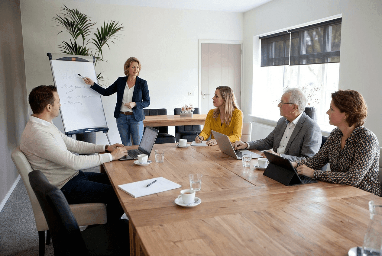 Groep aan een vergadertafel met flip-over en laptops