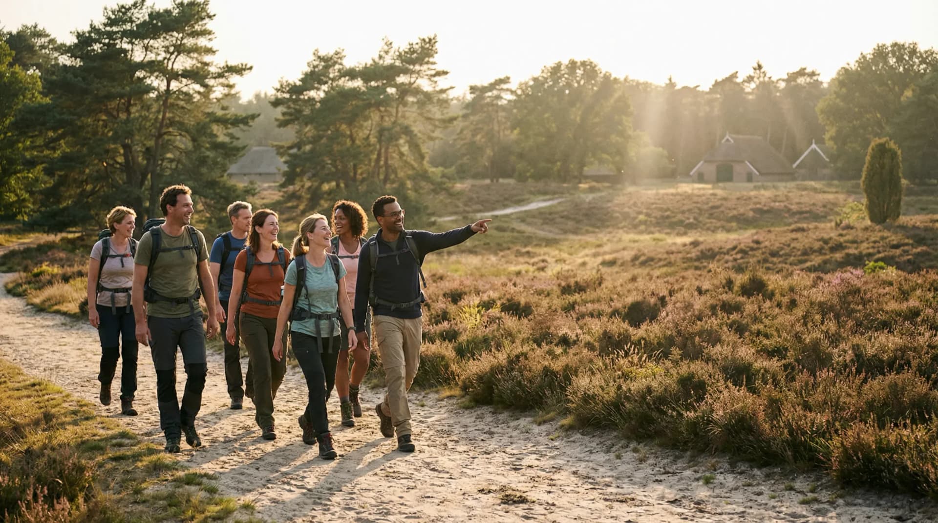 Groep wandelen door de Drentse natuur