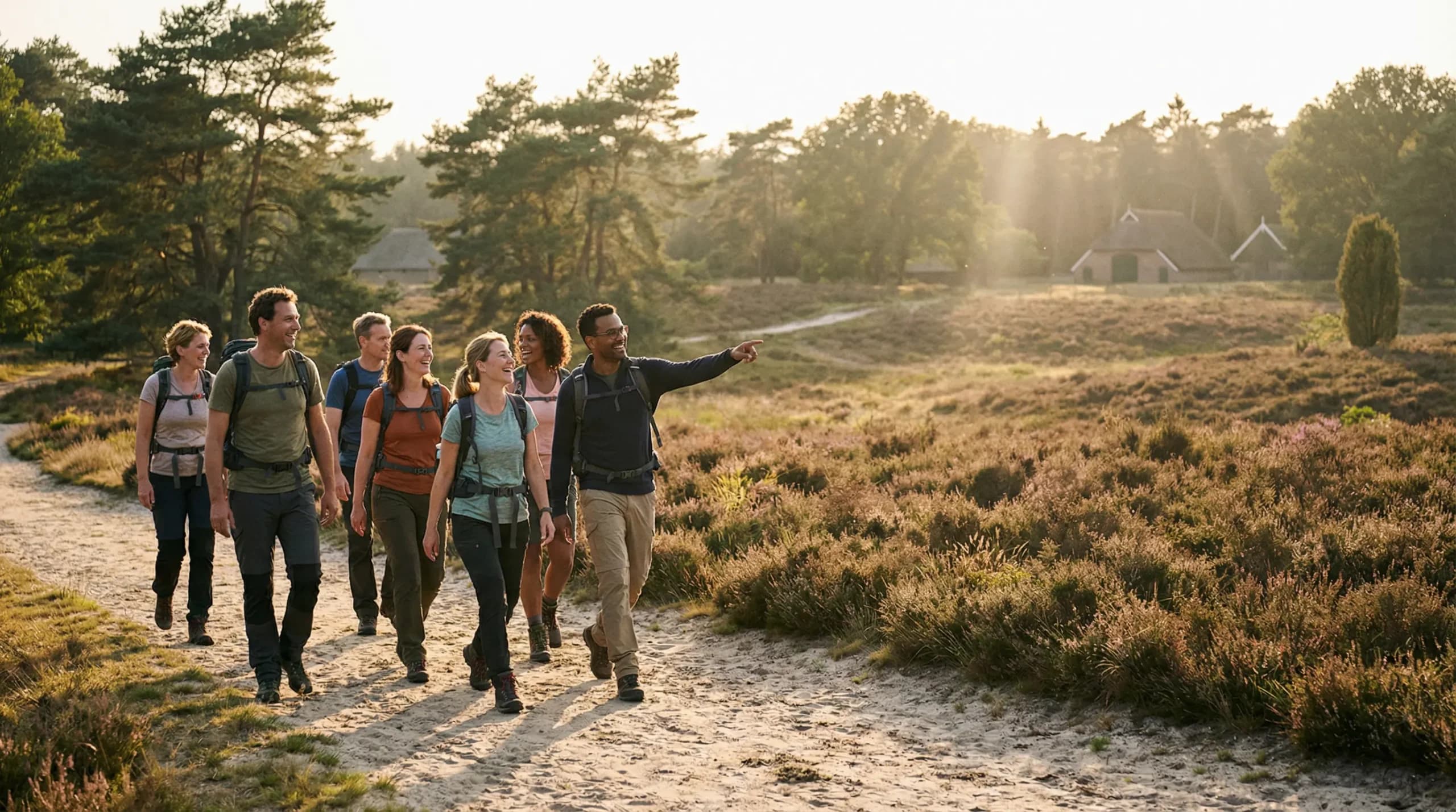 Een groep wandelt over de heide bij Witteveen