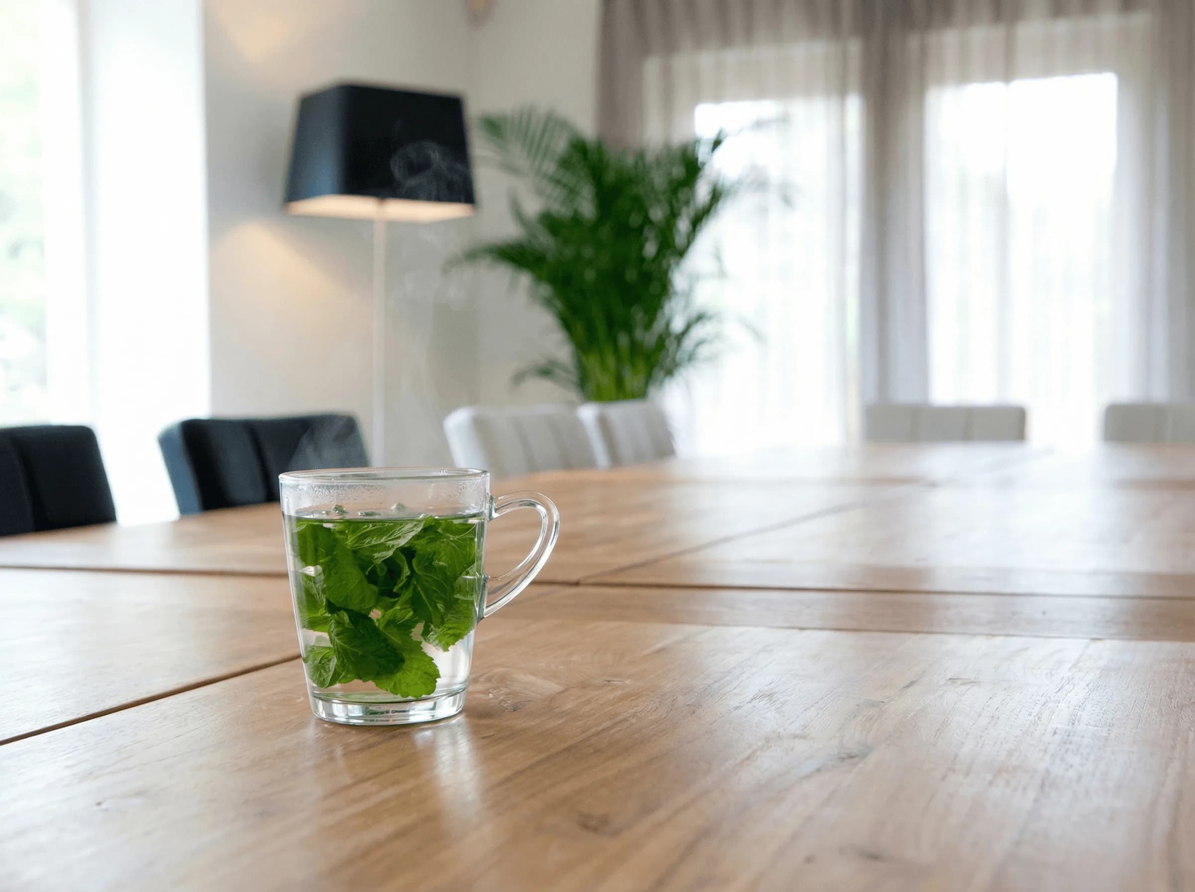 Een glas verse muntthee op de lange eettafel van Orvelter Hof